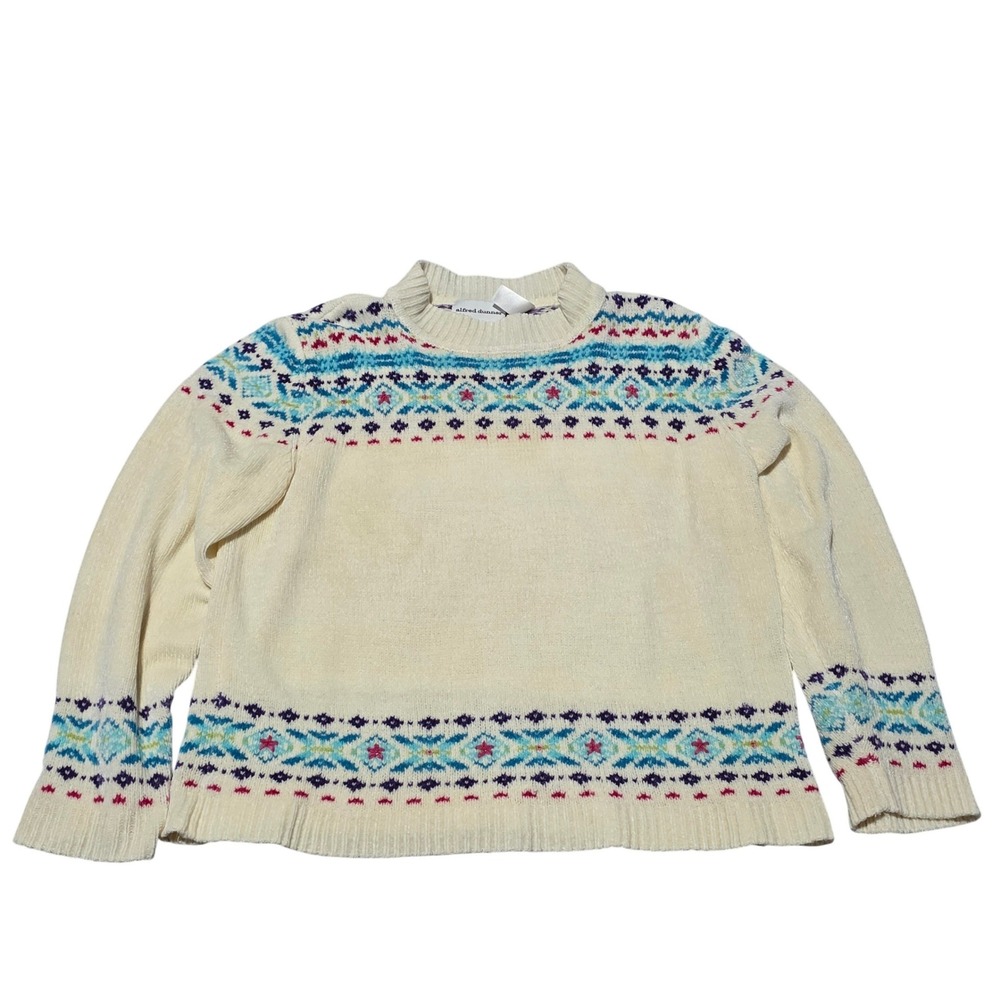 Alfred Dunner Women Cream Chenille Spring Geometric‎ Mock Neck Sweater Size Lrg
